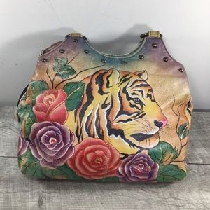 Vintage Anuschka Hand Painted Tiger Roses Leather Satchel Shoulder Bag Purse